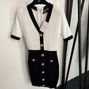 Balmain Women's V-Neck Knit Short Sleeve Dress Size M